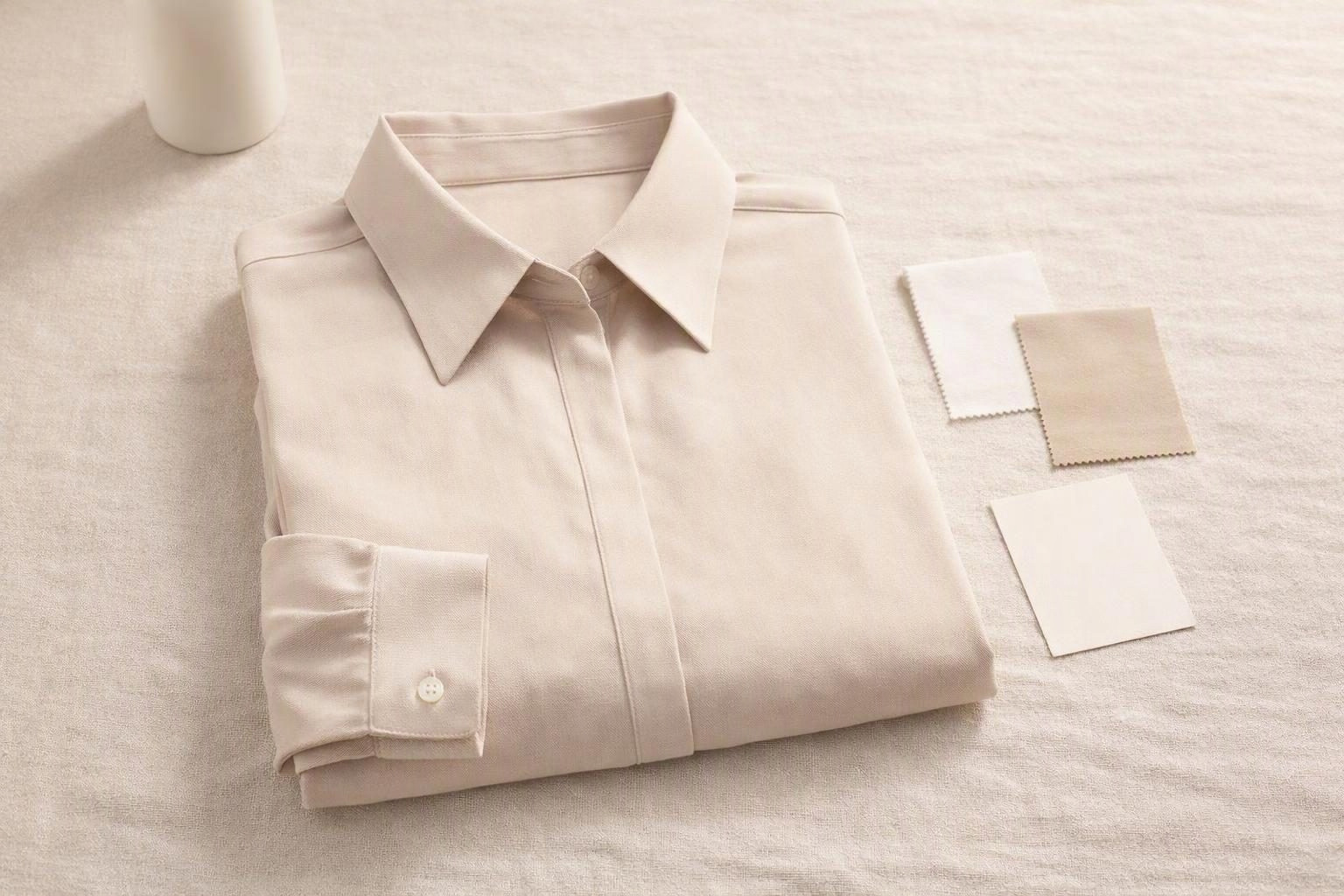 Áo sơ mi gấp gọn kèm mẫu vải cotton và polyester, gợi ý chất liệu và cách giặt