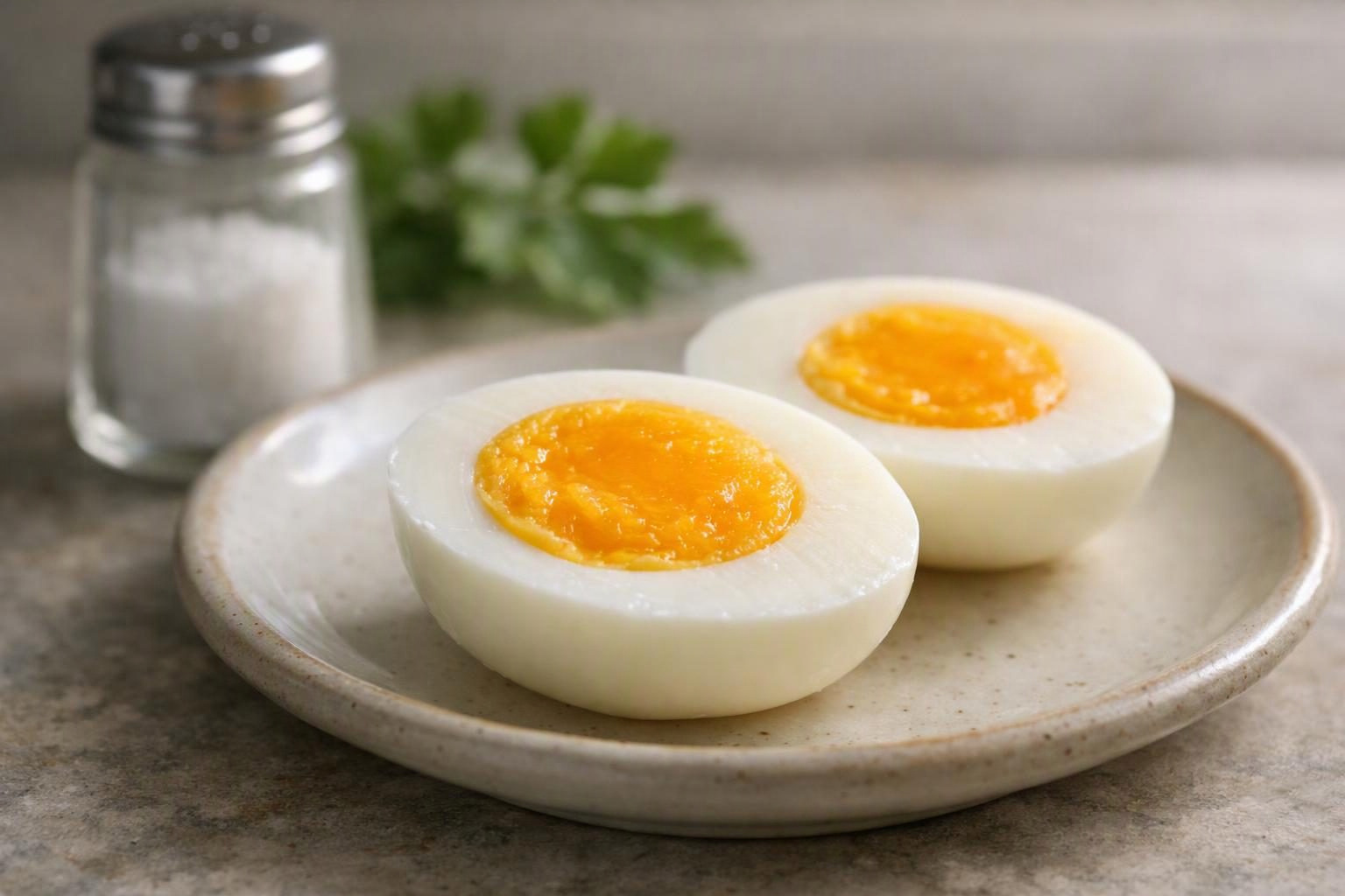 Cận cảnh trứng luộc bổ đôi, nổi bật lòng đỏ vàng và phần lòng trắng trên đĩa sứ