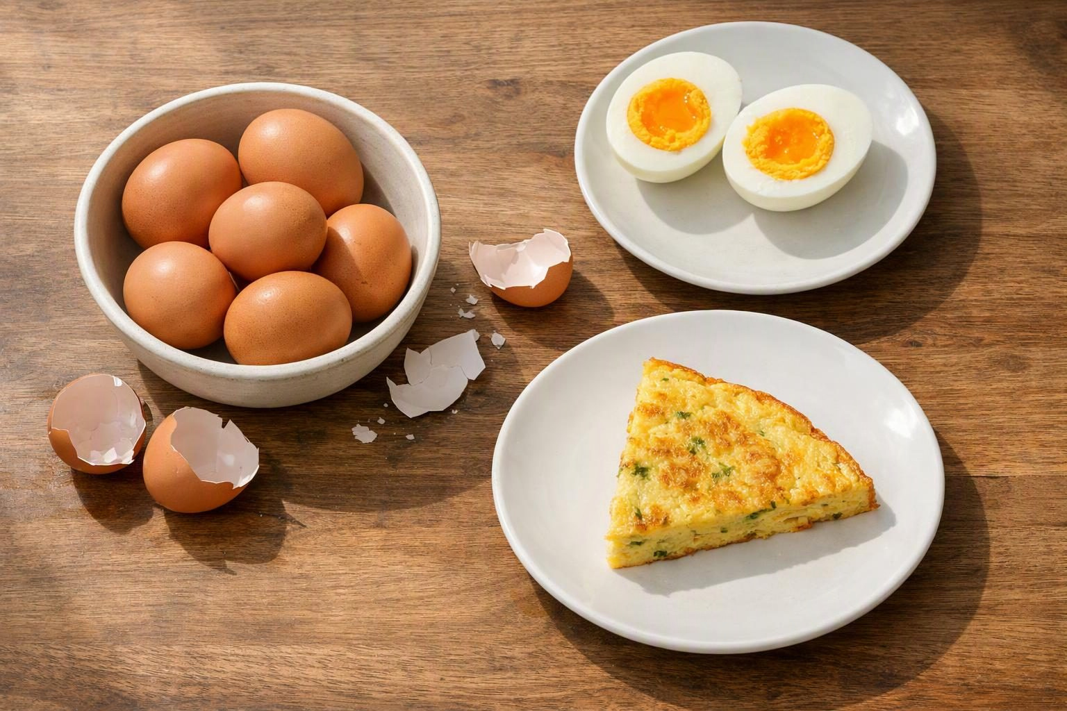 Bàn gỗ với trứng sống, trứng luộc bổ đôi lộ lòng đỏ và một miếng trứng chiên